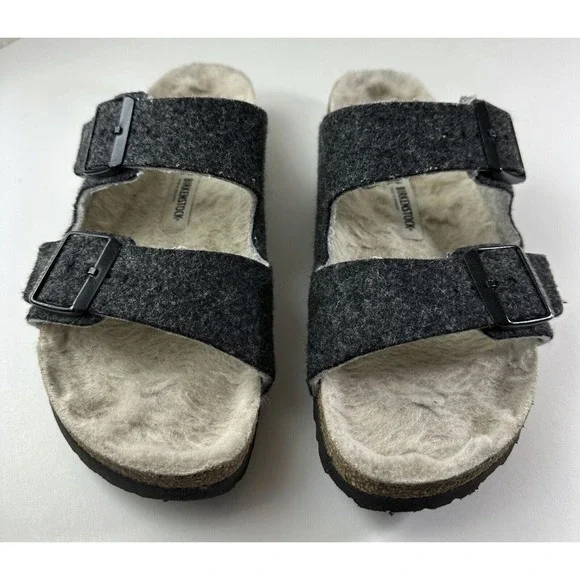 Birkenstock Arizona Shearling Sandal Charcoal Gray Cork Suede Women's 39 Size 8 - Picture 2 of 16